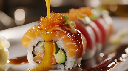 A close-up of a beautifully plated sushi roll, featuring colorful fish, fresh vegetables, and a drizzle of eel sauce