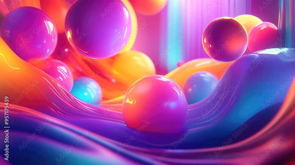 Poster 3d abstract cartoon forms with neon accents, floating in a colorful, illuminated space with dynamic,