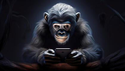 Un chimpanc&eacute; sentado en el suelo observando con curiosidad un tel&eacute;fono movil entre las manos