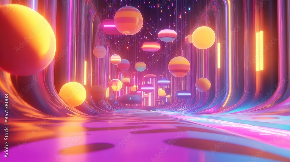 Poster 3d abstract cartoon forms with neon accents, floating in a colorful, illuminated space with dynamic,