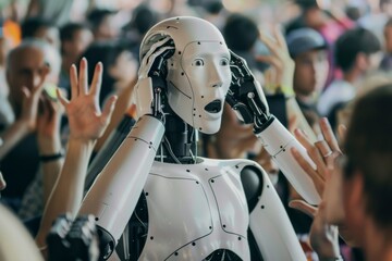 A concerned humanoid robot in a busy crowd, with expressive hands held to its head, conveying emotion and interaction with the people around.