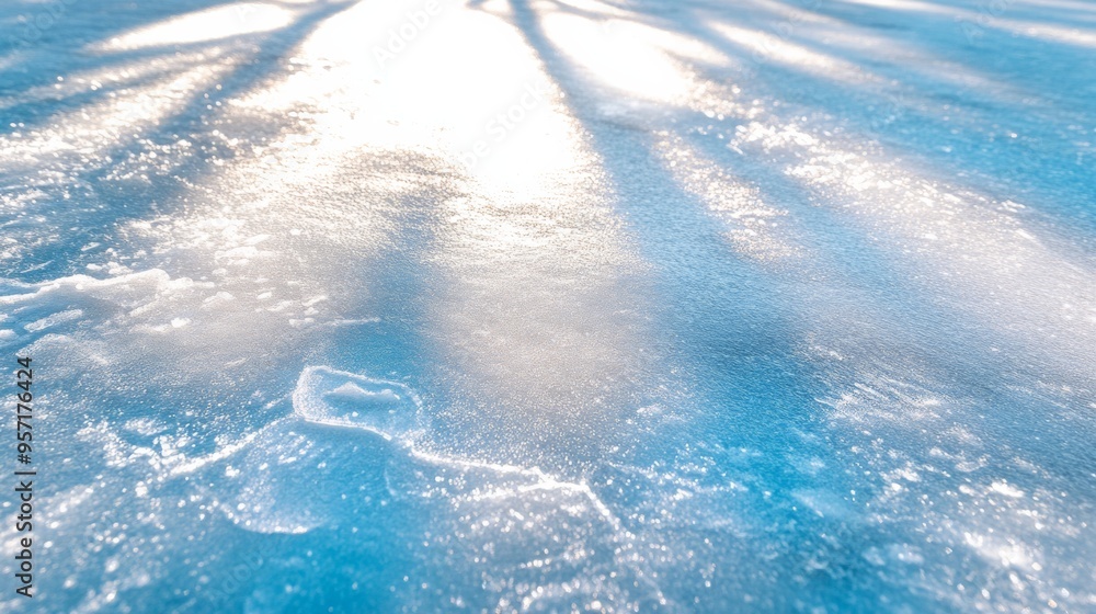 Poster wide-angle low view of frosty blue ice surface in winter dawn, natural light beams creating cool sha