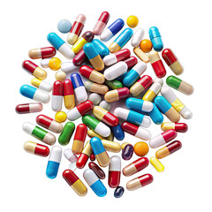A variety of colorful medicine tablets are scattered on a white background