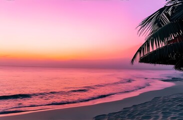 A stunning beautiful pink sunset brightly illuminates the tropical landscape