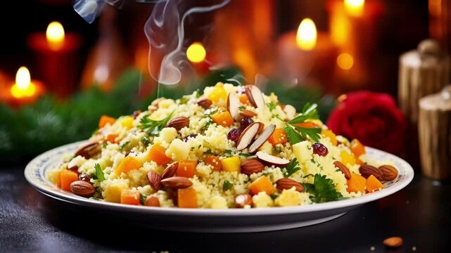 Delicious couscous salad is served on a festive table with candles and christmas decorations, creating a warm and inviting holiday atmosphere