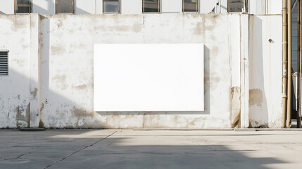 Blank billboard mounted on weathered industrial wall in urban setting with shadows cast on concrete ground, ideal for advertising