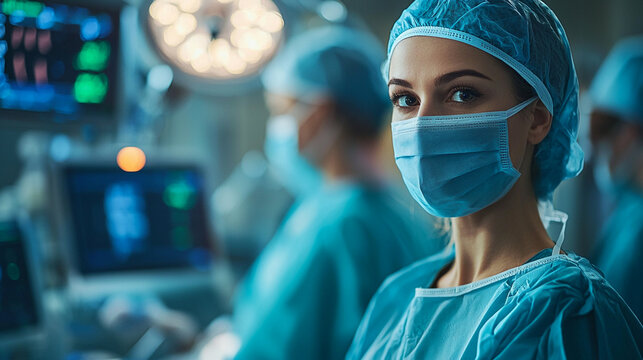 Nurse monitoring patient&rsquo;s vital signs on a medical monitor in the operating room during surgery, focusing on healthcare, critical care, and patient safety.