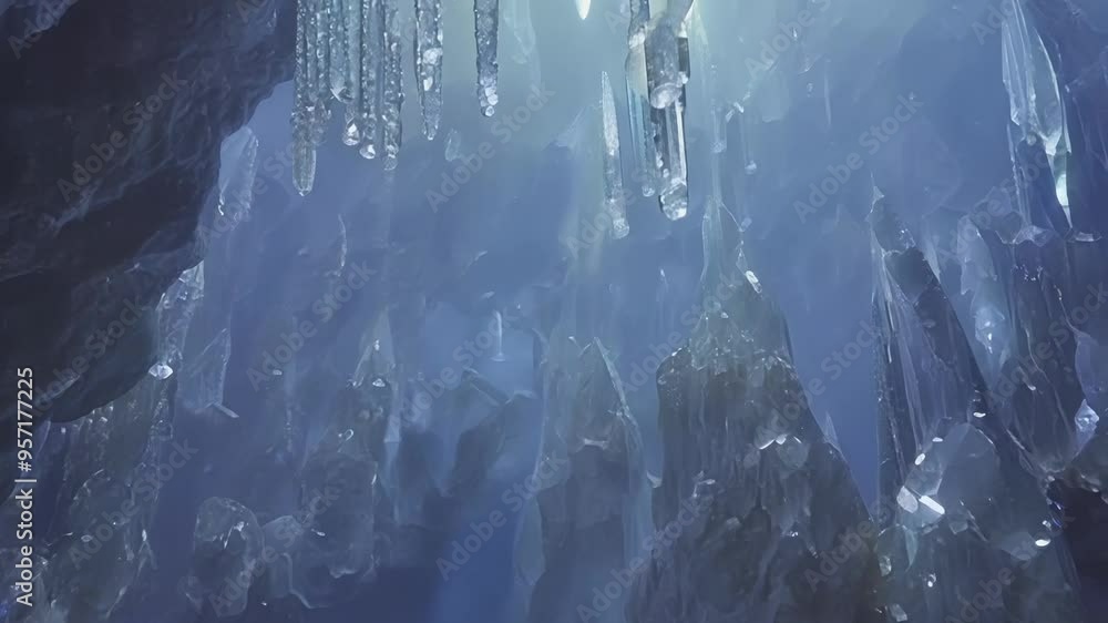 Poster Light shines through the misty air of a crystal cave, illuminating the jagged edges of the formations. This ethereal scene evokes a sense of magic and wonder