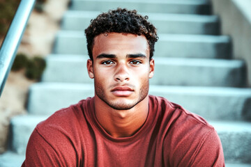 Young man sitting on stairs with a serious expression, reflecting sadness and contemplation.