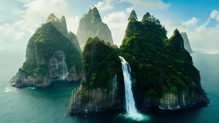 Majestic waterfall is cascading from a lush green cliff into a tranquil ocean, surrounded by towering rock formations, creating a breathtaking scene of natural beauty