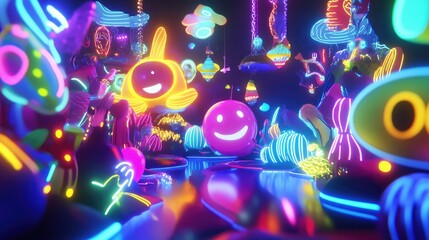 Bright neon 3D abstract figures with exaggerated cartoon elements, interacting in a vibrant, glowing environment with playful lighting