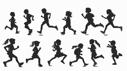 Silhouettes of city kids running and playing. Vector illustration