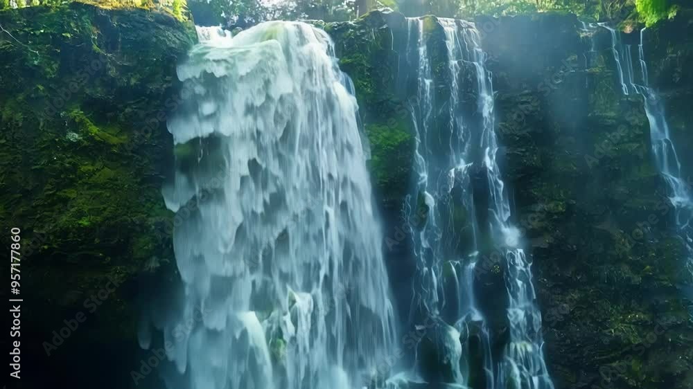 Aufkleber Water is rushing over the edge of a steep cliff covered in vibrant green moss, creating a powerful waterfall in a magical and captivating fantasy world