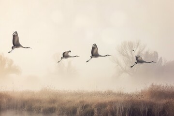 A flock of cranes flies gracefully over a foggy marsh at dawn, creating a serene and ethereal scene.