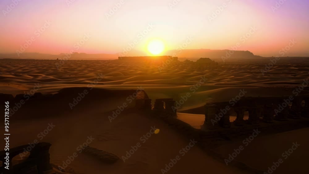 Poster The sun is setting on ancient ruins in the desert, casting a warm glow over the sand and stone. The ruins are silhouetted against the sky, creating a sense of mystery and wonder