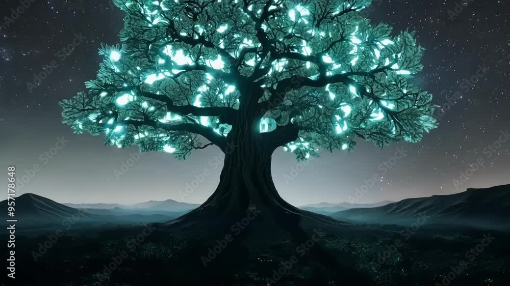 Poster Majestic tree with glowing leaves is illuminating a fantasy landscape at night, creating a mystical and enchanting atmosphere