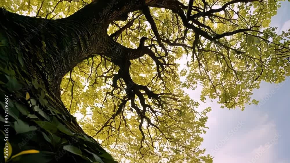 Aufkleber sun shining through the canopy of a majestic tree with lush green leaves, creating a mesmerizing pla