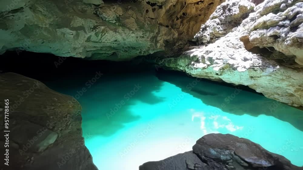 Poster sunlight illuminating a turquoise pool of water at the entrance of a dark mysterious cave creating a