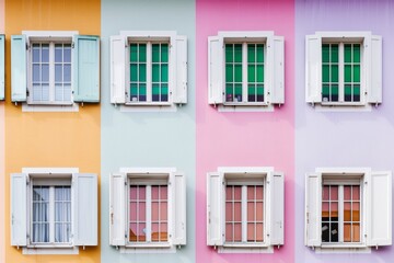 Fototapeta premium Colorful Pastel Facade with Symmetrical Windows in Abstract Style, High Definition Long Exposure , Vibrant Urban Architecture, Daytime, Smooth Movements, Wide-Angle Perspective