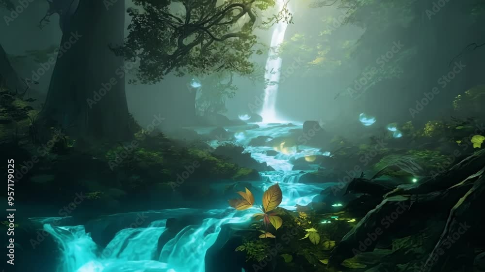 Poster river glowing with turquoise bioluminescence flows through a misty forest with large trees, creating