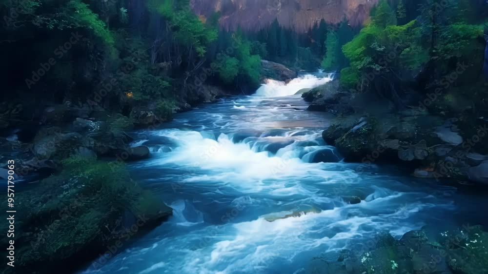 Poster mystical river flows through a magical forest, glowing plants and rocks creating an enchanting fanta