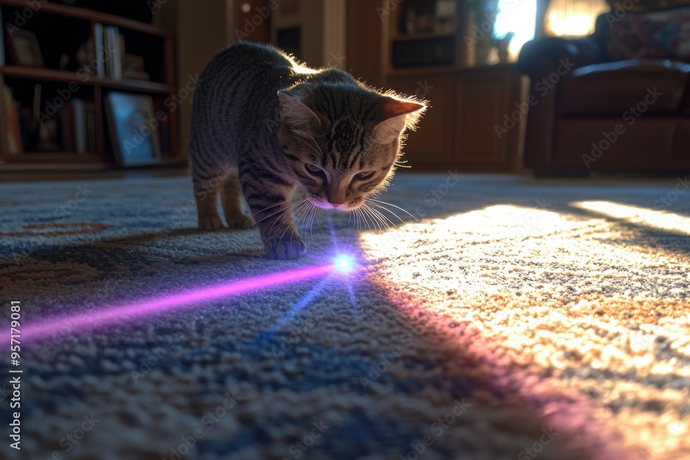 Poster tabby cat staring at a laser pointer on a carpet