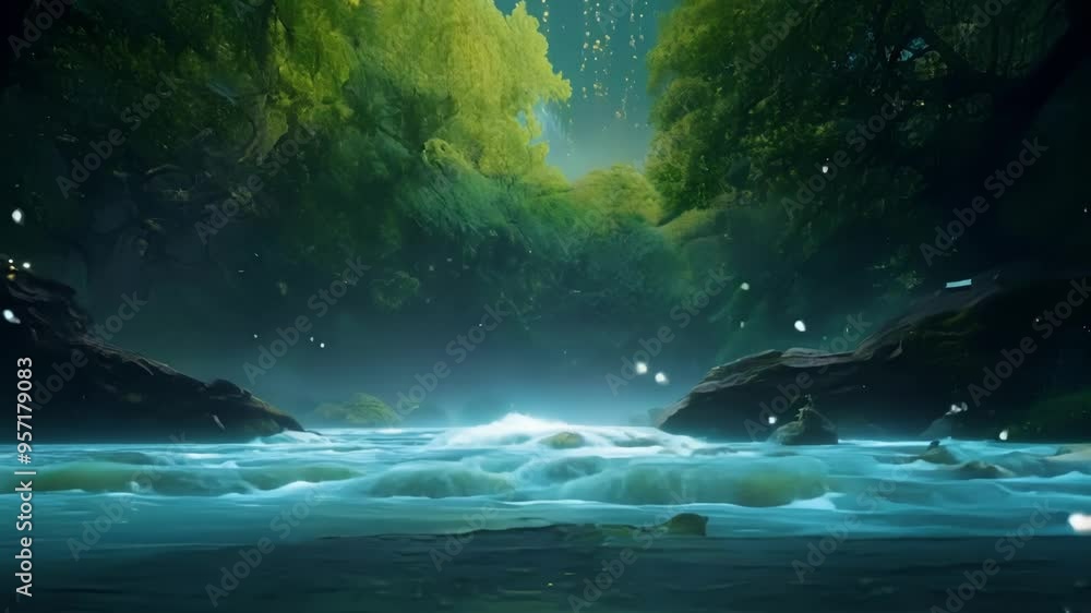 Poster Mystical river is flowing through a magical forest at night with fireflies illuminating the lush green trees and foliage