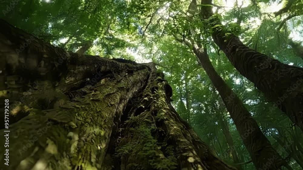 Aufkleber sunlight filters through tall trees in a lush green forest, creating a magical atmosphere of peace a