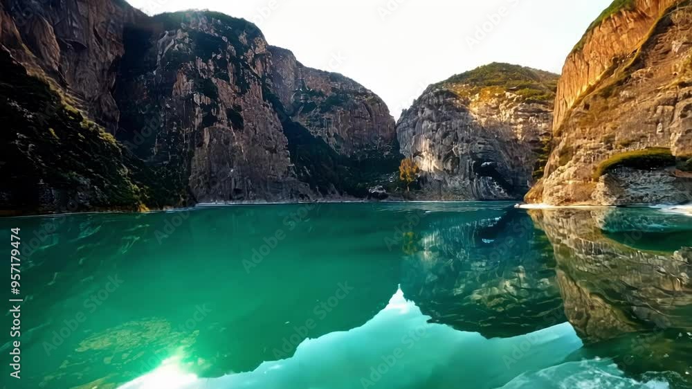 Poster sunlight is reflecting in a lake with turquoise water, surrounded by mountains with green trees and 