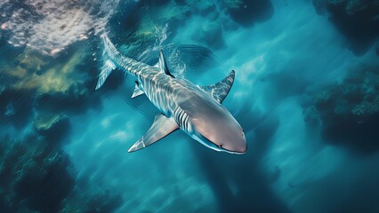 Fototapeta premium Shark hunts in the open sea. Predatory shark swims in water, top view. Concept: danger and risk.