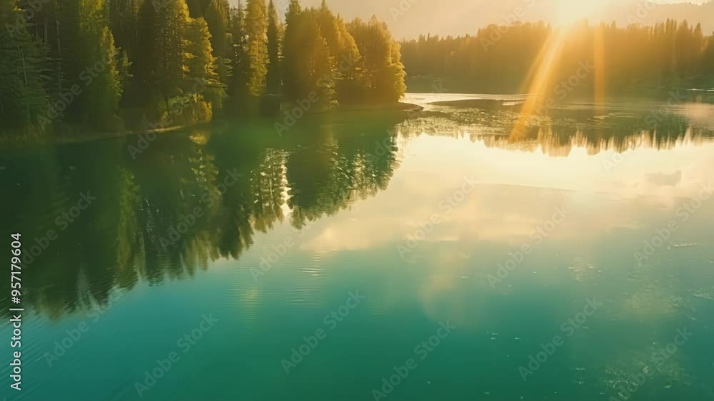 Poster mesmerizing turquoise lake reflects a dreamy sky with fluffy clouds during sunset, creating a surrea