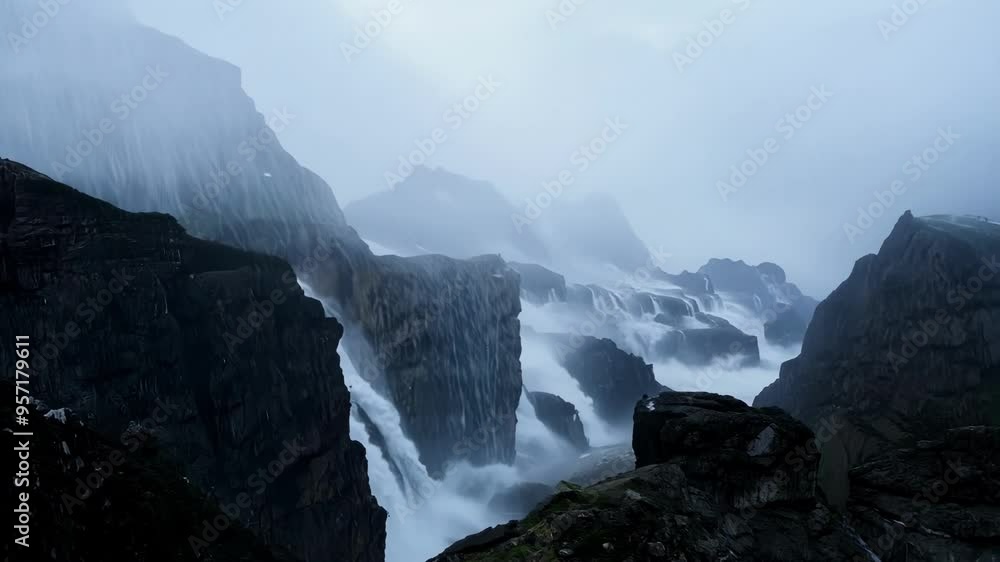 Poster multiple waterfalls are cascading down towering cliffs shrouded in mist, creating a dramatic and awe