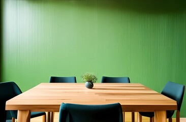 Wooden dining table and chairs against green wall. Scandinavian, mid-century home interior design of modern dining room.