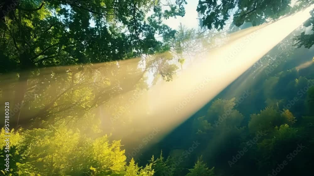 Poster sunlight filters through trees in an enchanting forest on a misty morning, creating a magical, myste