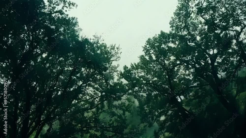 Aufkleber lush green trees creating a magical and mysterious atmosphere in a dense forest, sunlight struggling
