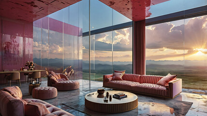 Fototapeta premium Modern Minimalist Living Room with Stunning Sunset and Mountain Views, room with mountain, indoor, house, window, living, view, home, room, design