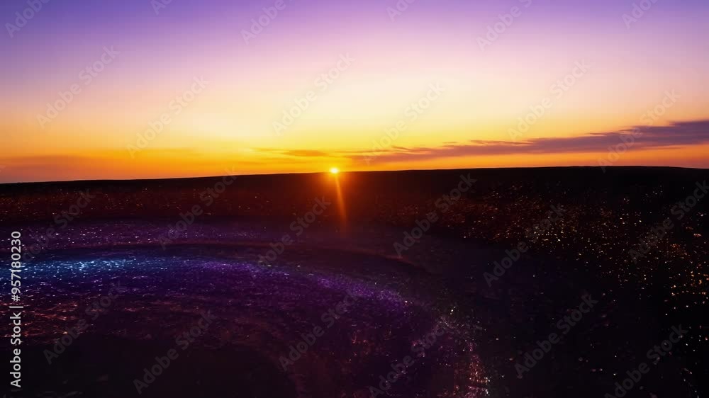 Poster Colorful stream of glowing particles is flowing on a dark alien planet, creating a magical atmosphere under a beautiful sunset