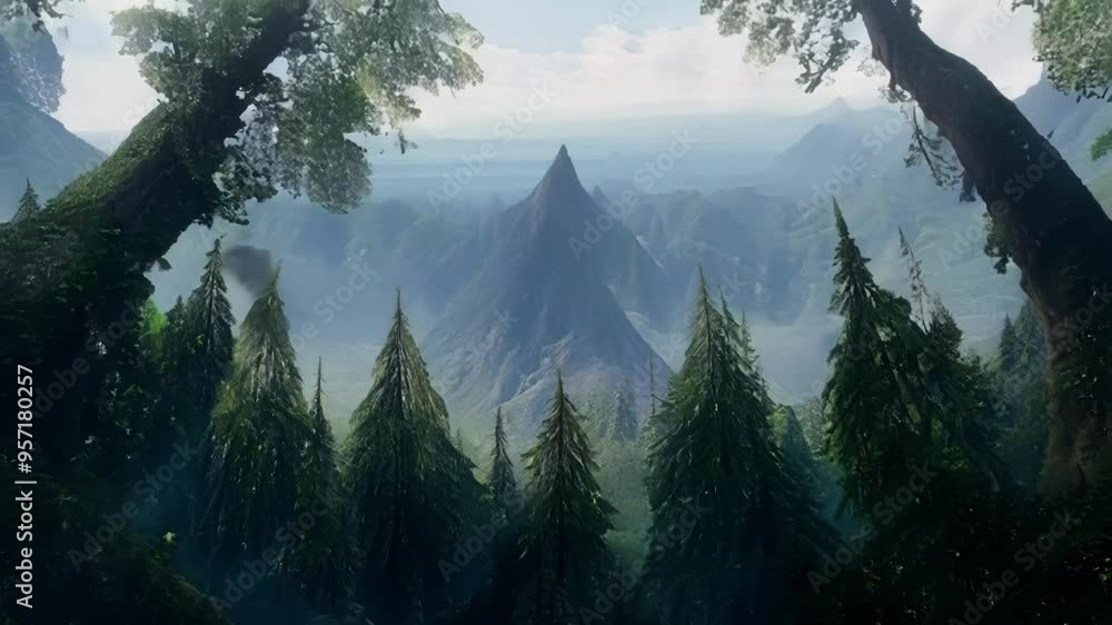 Poster mysterious forest grows at the foot of a majestic mountain, with sunlight filtering through fog, cre