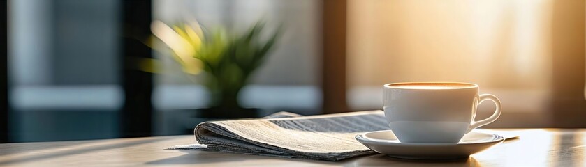 Minimalistic image of a coffee cup and newspaper, capturing the essence of a quiet morning moment, Serenity, Morning essentials