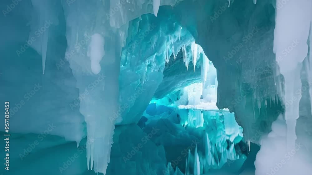 Poster turquoise blue ice formations are creating a magical cave in a frozen wilderness. the sunlight is il