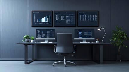 A modern office with digital screens displaying realtime startup metrics and growth, Corporate, High Detail, Blue Tones