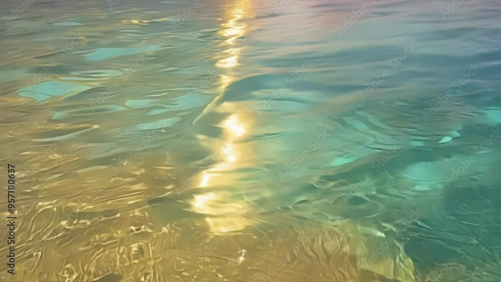 Aufkleber Mesmerizing golden and turquoise water reflecting sunlight. Creating abstract shapes perfect for backgrounds and fantasy projects. Vibrant colors and shimmering light ideal for adding magic to designs