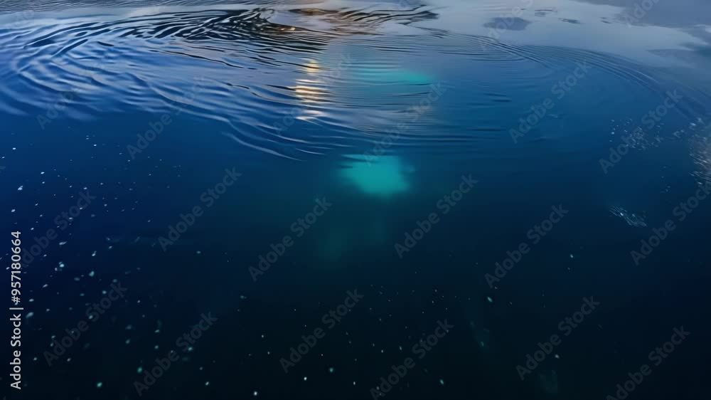 Poster Concentric ripples expanding on a dark blue water surface with a fantasy atmosphere. The bottom of the sea is visible through the water
