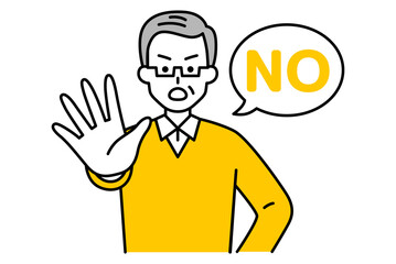 右手を前に突き出してNOと言う年配の男性