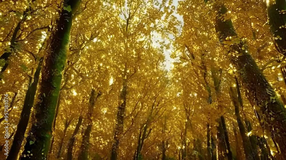 Aufkleber Sunlight filters through the golden trees in a magical forest, creating a serene, fairytale like scene with warm autumn hues