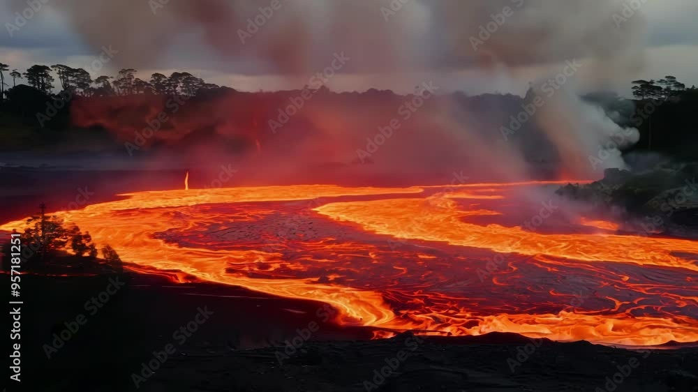 Poster Molten lava flows from the mouth of a volcano, creating a river of fire across the landscape. The sky is filled with smoke and ash, creating a scene of both beauty and destruction