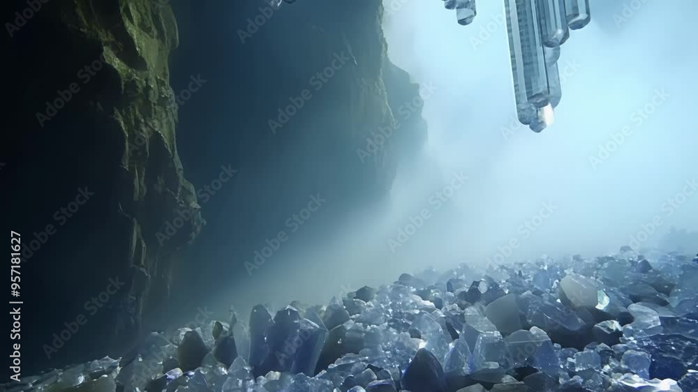 Poster light shining down on a bed of glowing blue crystals in a dark fantasy cave, creating a mysterious a