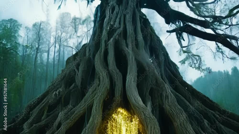 Poster Mystical ambiance surrounds a huge tree growing in the middle of a forest, emanating an ethereal glow. The twisted branches and gnarled bark speak of its ancient age and power