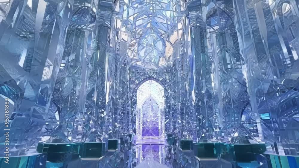Poster computer generated image of a fantasy cathedral interior showing glass columns and gothic arches lea