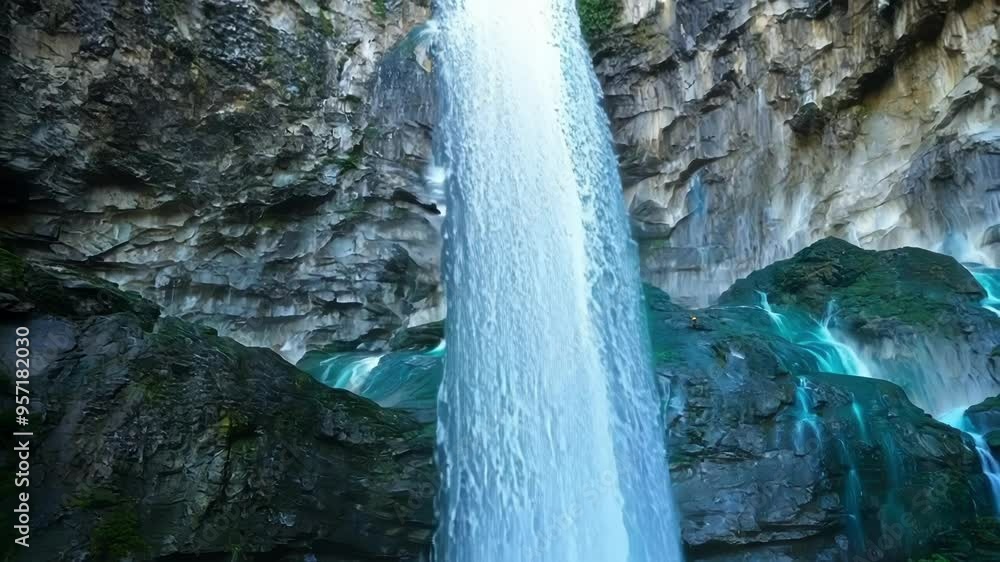 Poster powerful waterfall is cascading down a mossy cliff in a pristine natural landscape, creating a mesme